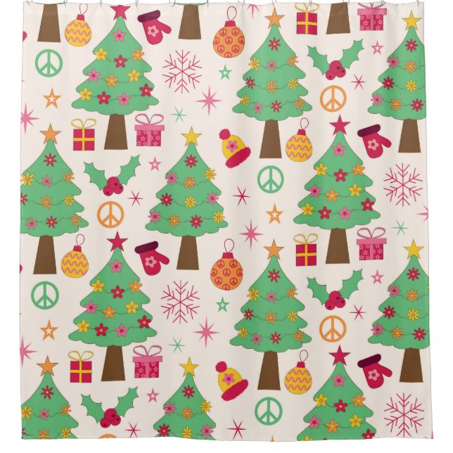 Retro 70er Groovy Christmas Trees Pattern Duschvorhang (Vorderseite)