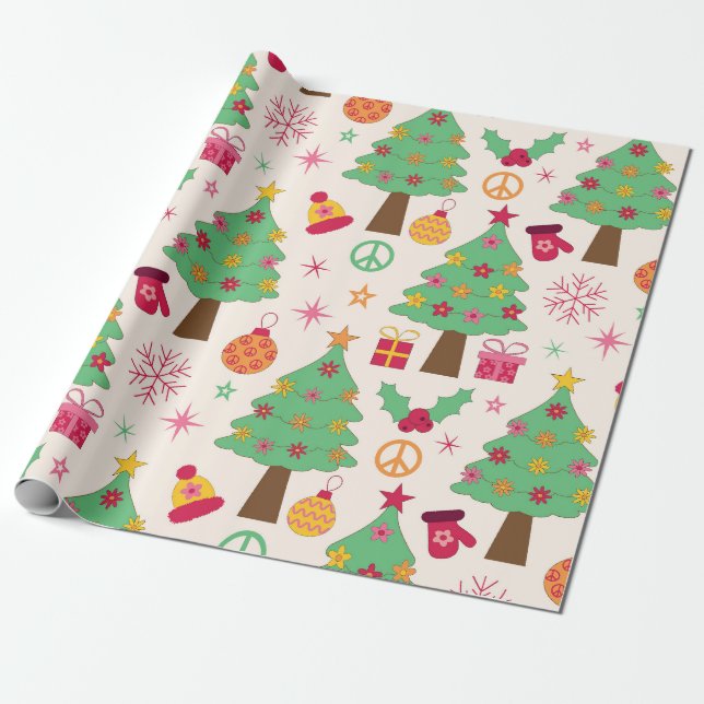 Retro 70er Groovy Christmas Trees Pattern Geschenkpapier (Ungerollt)