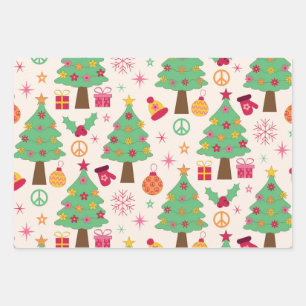 Retro 70er Groovy Christmas Trees Pattern Geschenkpapier Set
