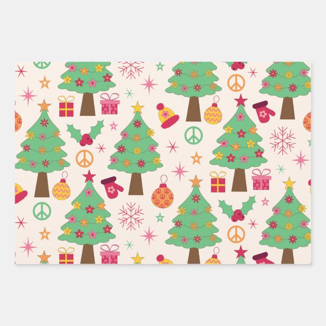 Retro 70er Groovy Christmas Trees Pattern Geschenkpapier Set (Vorderseite)