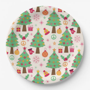 Retro 70er Groovy Christmas Trees Pattern Pappteller