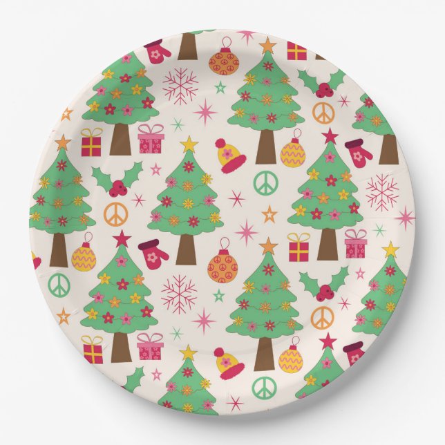 Retro 70er Groovy Christmas Trees Pattern Pappteller (Vorderseite)