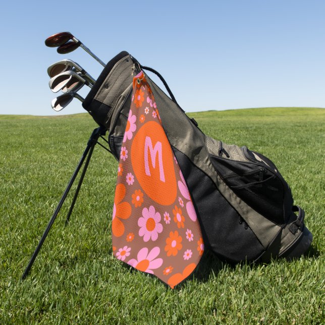 Retro 70er Groovy Daisy Orange Pink Golfhandtuch (Gras)