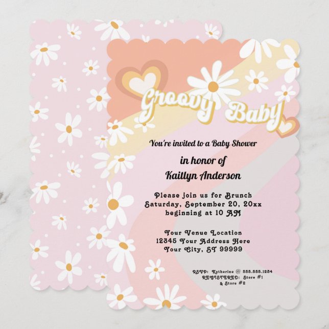 Retro 70er Groovy Daisy Peach Girl Baby Shower Inv Einladung (Vorne/Hinten)
