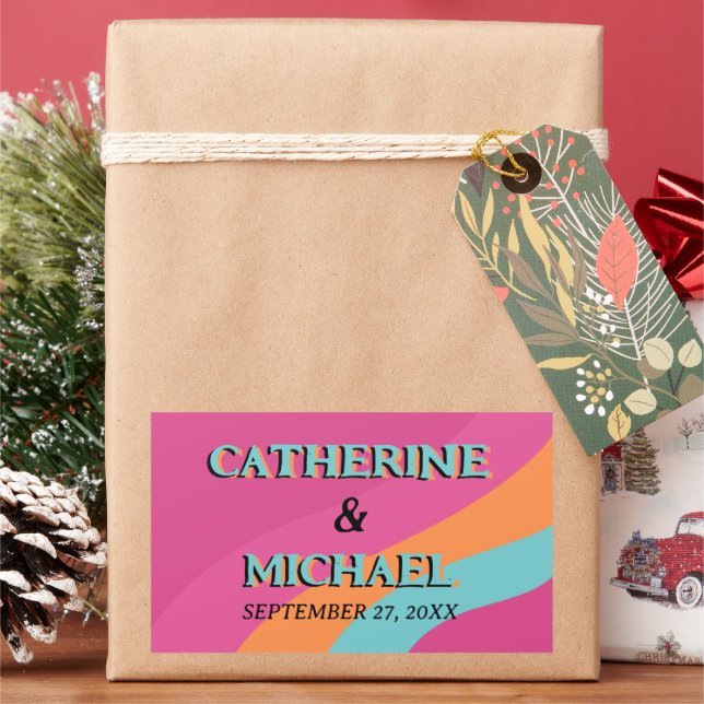 Retro 70er Groovy Fuchsia Fun Wedding Rechteckiger Aufkleber (Feiertag)