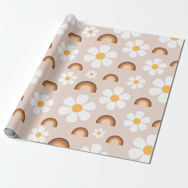 Retro 70er Groovy Hippie Daisy & Terracotta Rainbo Geschenkpapier (Ungerollt)