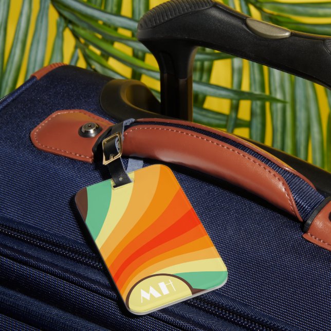 Retro 70er Groovy Streifen Monogramm Gepäckanhänger (Vorderseite Insitu 1)
