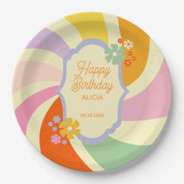 Retro 70er Groovy Wave Blume Happy Birthday Pappteller
