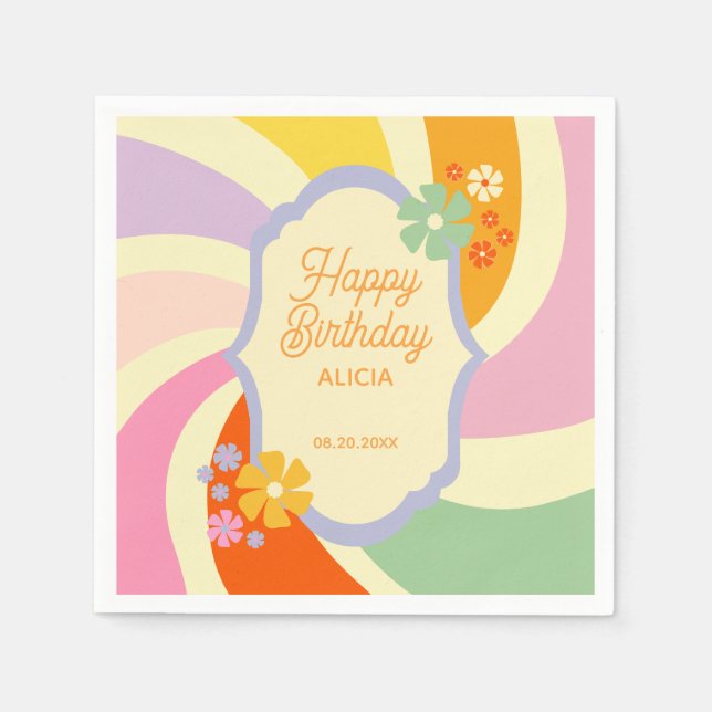 Retro 70er Groovy Wave Blume Happy Birthday Serviette (Vorderseite)