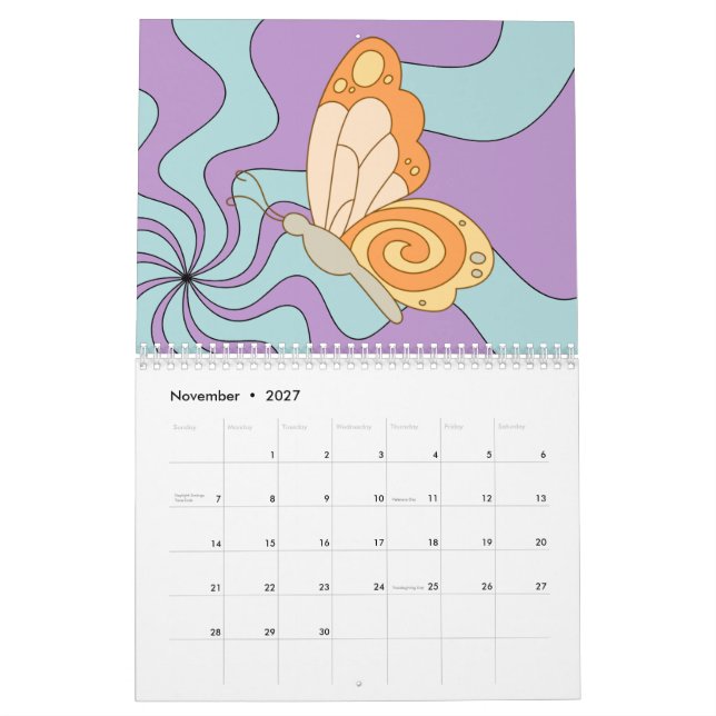 Retro 70er Hippie Groovy Wave Butterfly Kalender (Nov 2027)