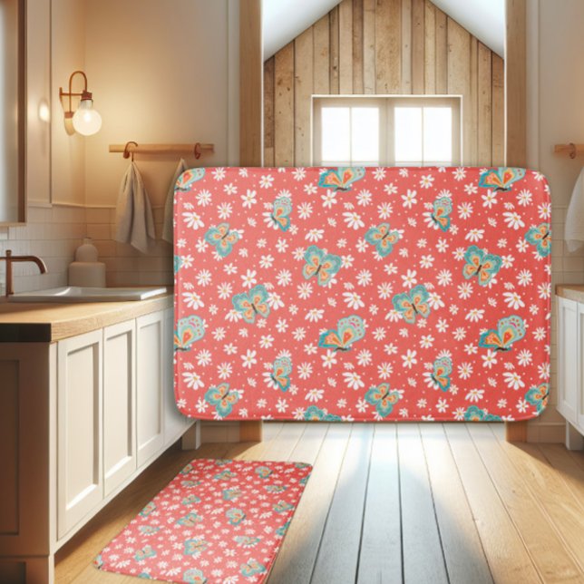 RETRO 70er Hippy Daisy Mod Butterfly Lachs Pink Badematte (Von Creator hochgeladen)