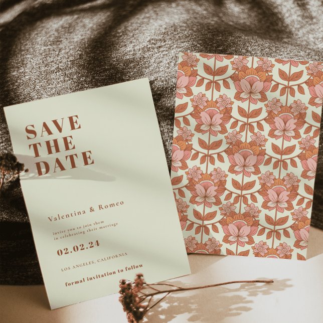 Retro 70er inspiriert Orange Wedding Speichern Sie Einladung (Von Creator hochgeladen)