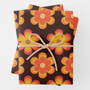 Retro 70er Jahre Blumen in Orange Gelb Rot Muster  Geschenkpapier Set