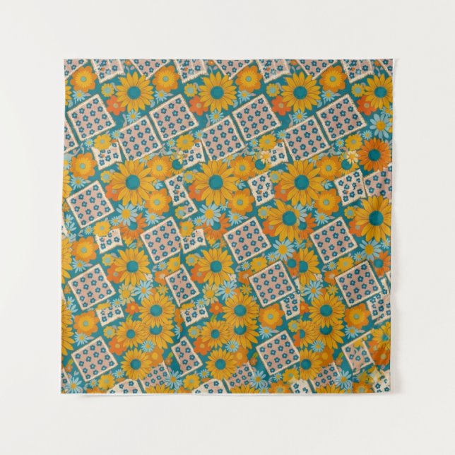 Retro 70er Jahre Blumen-Patchwork-Muster Wandteppich (Vorderseite)