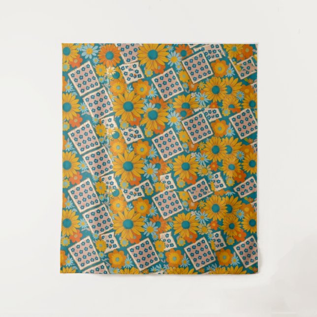 Retro 70er Jahre Blumen-Patchwork-Muster Wandteppich (Vorderseite)