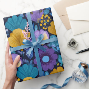 Retro 70er Jahre Blumenmuster in Blau Lila und Gel Geschenkpapier