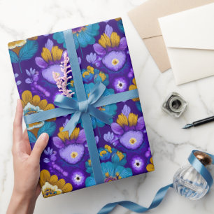 Retro 70er Jahre Blumenmuster in Blau Lila und Gel Geschenkpapier