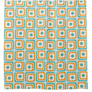 Retro 70er Jahre Blumenquadrate, Aquamarin, Orange Duschvorhang