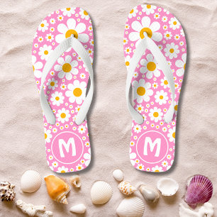 Retro 70er Jahre Florales Rosa Monogramm Flip Flops