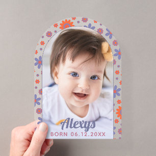 Retro-70er-Jahre-Flower-Power-Foto-Geburtsanzeige Acryleinladungen