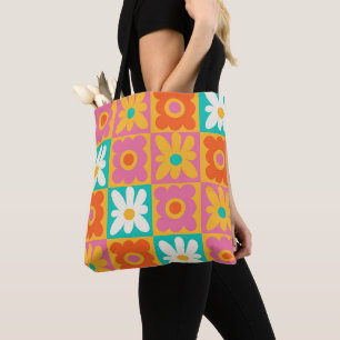 Retro 70er Jahre Groovy Blumen Karo Buntes Muster