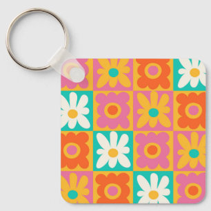 Retro 70er Jahre Groovy Blumen Karo Buntes Muster Schlüsselanhänger