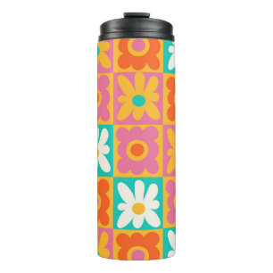 Retro 70er Jahre Groovy Blumen Karo Farbige Thermosbecher