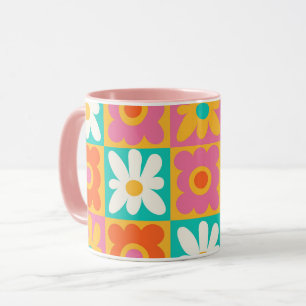 Retro 70er Jahre Groovy Blumen Karomuster Farbige Tasse