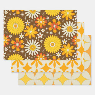 Retro 70er Jahre Groovy Blumen mit atomaren Sterne Geschenkpapier Set