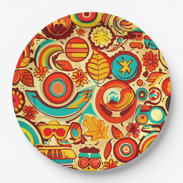Retro 70er Jahre Groovy Herbst Elemente Muster  Pappteller (Vorderseite)