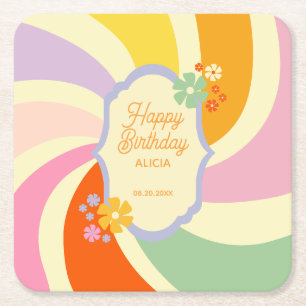 Retro 70er Jahre Groovy Wave Blumen Alles Gute zum Rechteckiger Pappuntersetzer