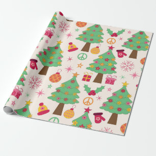 Retro 70er Jahre Groovy Weihnachtsbäume Muster Geschenkpapier