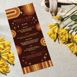 Retro 70er Jahre kühne Typografie Rainbow Arch Wed Menükarte<br><div class="desc">Genießen Sie Ihr Hochzeitsessen mit unserem atemberaubenden "Retro 70's Bold Typografy Rainbow Arch" Wedding Reception Menu, das den einzigartigen Stil und die Persönlichkeit Ihres besonderen Tages ergänzt. Mit lebhaften Farben, kühnen Typografien und einer Touch 70er Flair mit Regenbogenbögen und Sing-Stars fügt dieses Menü Ihrem Empfang ein spielerisches und stilvolles Element...</div>