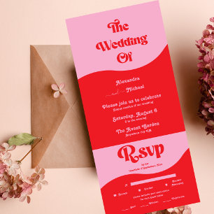 Retro 70er Jahre Rosa und Rote Neon Hochzeit Alles All In One Einladung