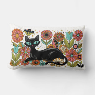 Retro 70er Jahre Schwarze Katze Floral Boho Design Lendenkissen