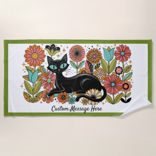 Retro 70er Jahre Schwarze Katze Florales Personali Strandtuch