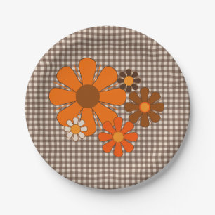 Retro 70er Jahre Vintage Blumen Gingham Pappteller