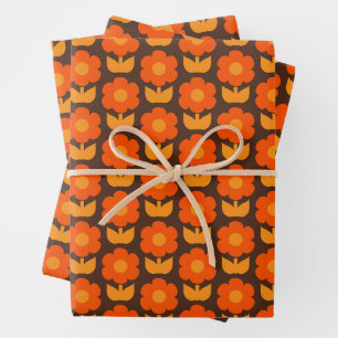 Retro 70er Jonnty Blume Muster Orange & Brown Geschenkpapier Set