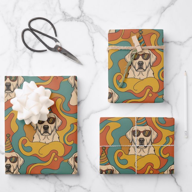 Retro 70er Labrador Retriever Geburtstag Geschenkpapier Set (Vorderseite)