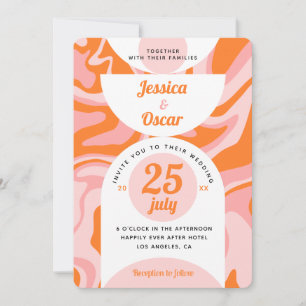 Retro 70er Liquid Swirl Boho Pink Orange Wedding Einladung