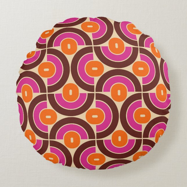 Retro 70er Mid Mod Geometric Muster Rundes Kissen (Vorderseite)
