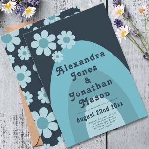 Retro 70er Modern Blue Wedding Einladung