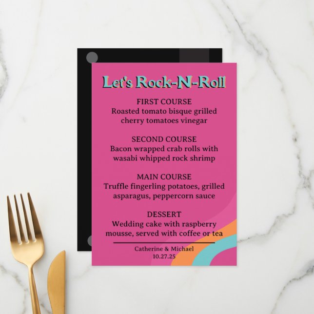 Retro 70er Music Cassette Tape Groovy Fuchsia Fun Menükarte (Vorderseite/Rückseite Beispiel)