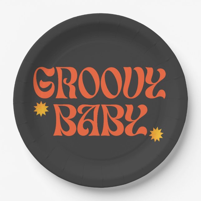 Retro 70er Mustard Orange Black Hippie Groovy Baby Pappteller (Vorderseite)