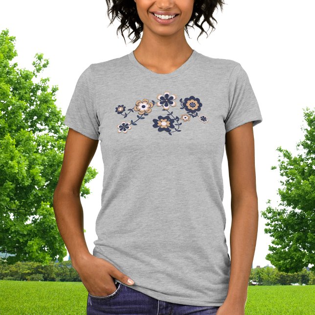 Retro 70er Navy Blue-Gold Blume Power T-Shirt (Von Creator hochgeladen)
