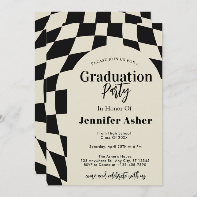 Retro 70er Navy Checkered Arch Foto Abschluss Einladung (Vorne/Hinten)