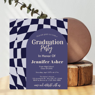 Retro 70er Navy Checkered Arch Foto Abschluss Einladung