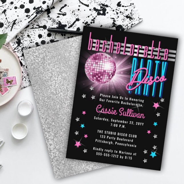 Retro 70er Neon Look Disco Ball Junggeselinnen-Abs Einladung (Retro 70's Neon Look Disco Ball Bachelorette Party Invitation)
