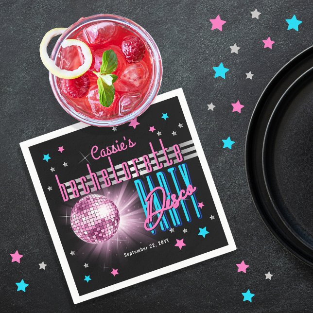 Retro 70er Neon Look Disco Ball Junggeselinnen-Abs Serviette (Retro 70's Neon Look Disco Ball Bachelorette Party Cocktail Napkins)