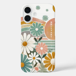 Retro 70er Pastel Watercolor Floral Personalisiert iPhone 16 Hülle